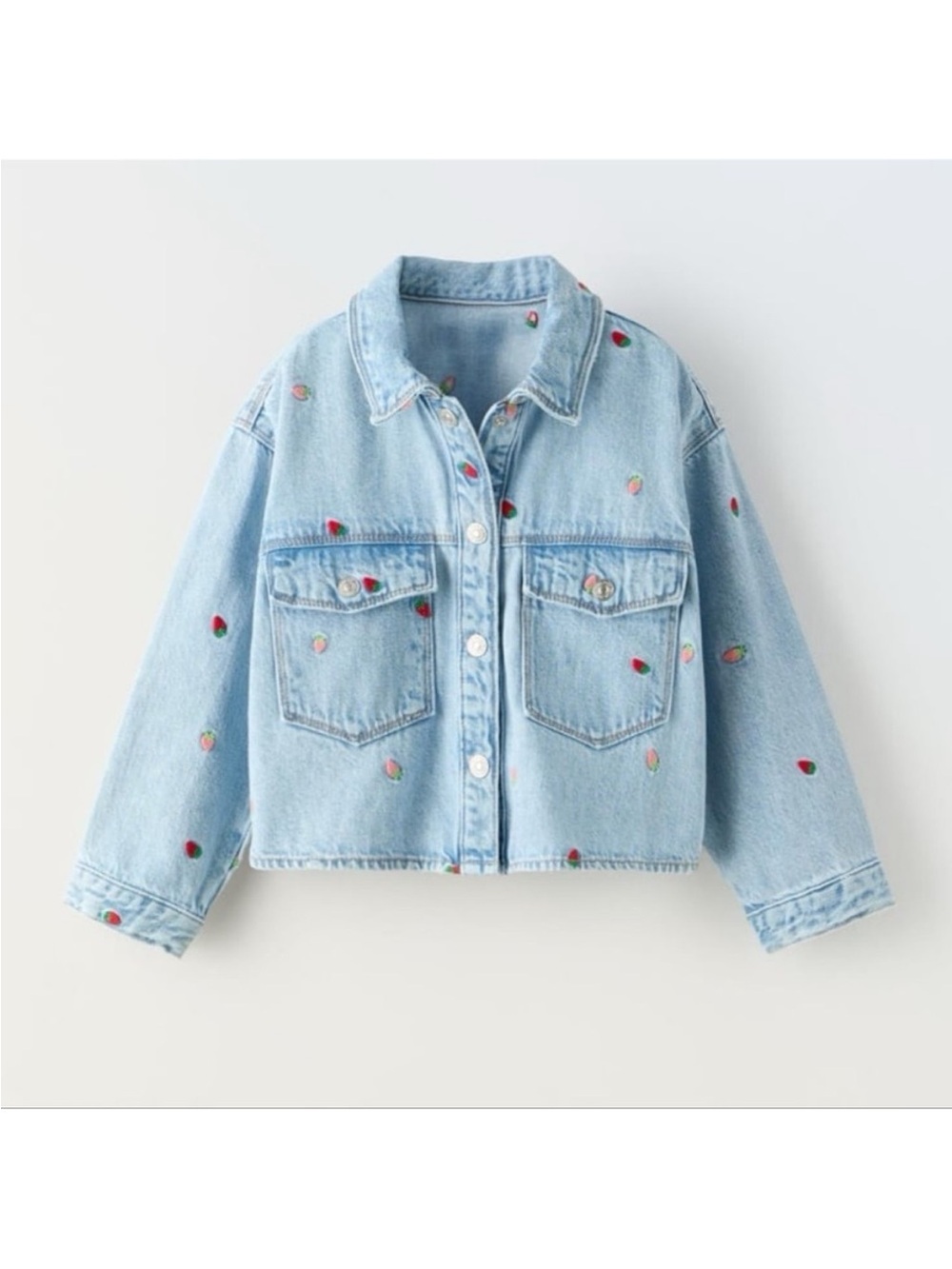 ZARA Kids Light Blue Denim Jacket with Embroidered Strawberries